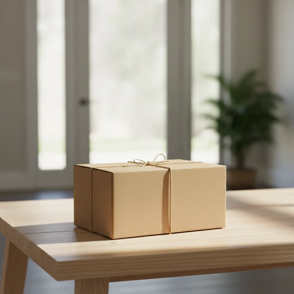 Plain brown cardboard parcel box on a doorstep, ready for collection, no branding or text visible