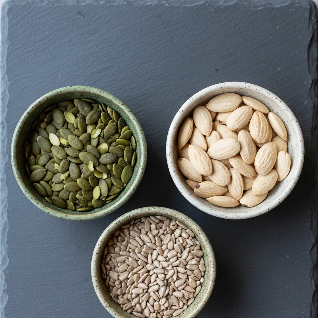 Assorted seeds, almonds and grains in ceramic bowls on a wooden table