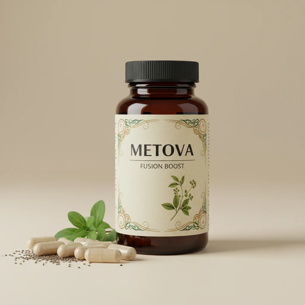 Metova Fusion Boost white supplement bottle with label, 90 capsules
